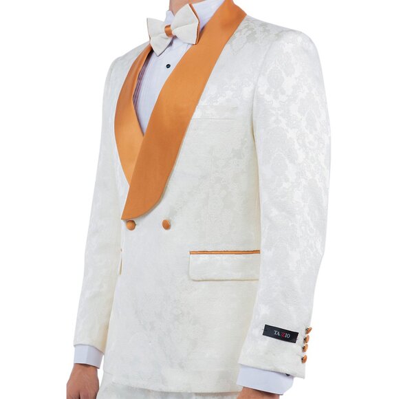 Skinny Fit Rustic Orange Satin Shawl Collar Paisley 2pc Suit Includes Bowtie - Picture 2 of 5